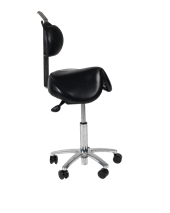 Används ej.  Flexsadel-stol + Svankstöd , klädsel: skinn(äkta) svart.   inkl. rostfri stolpe,  metall: svart.  (sadelstol)